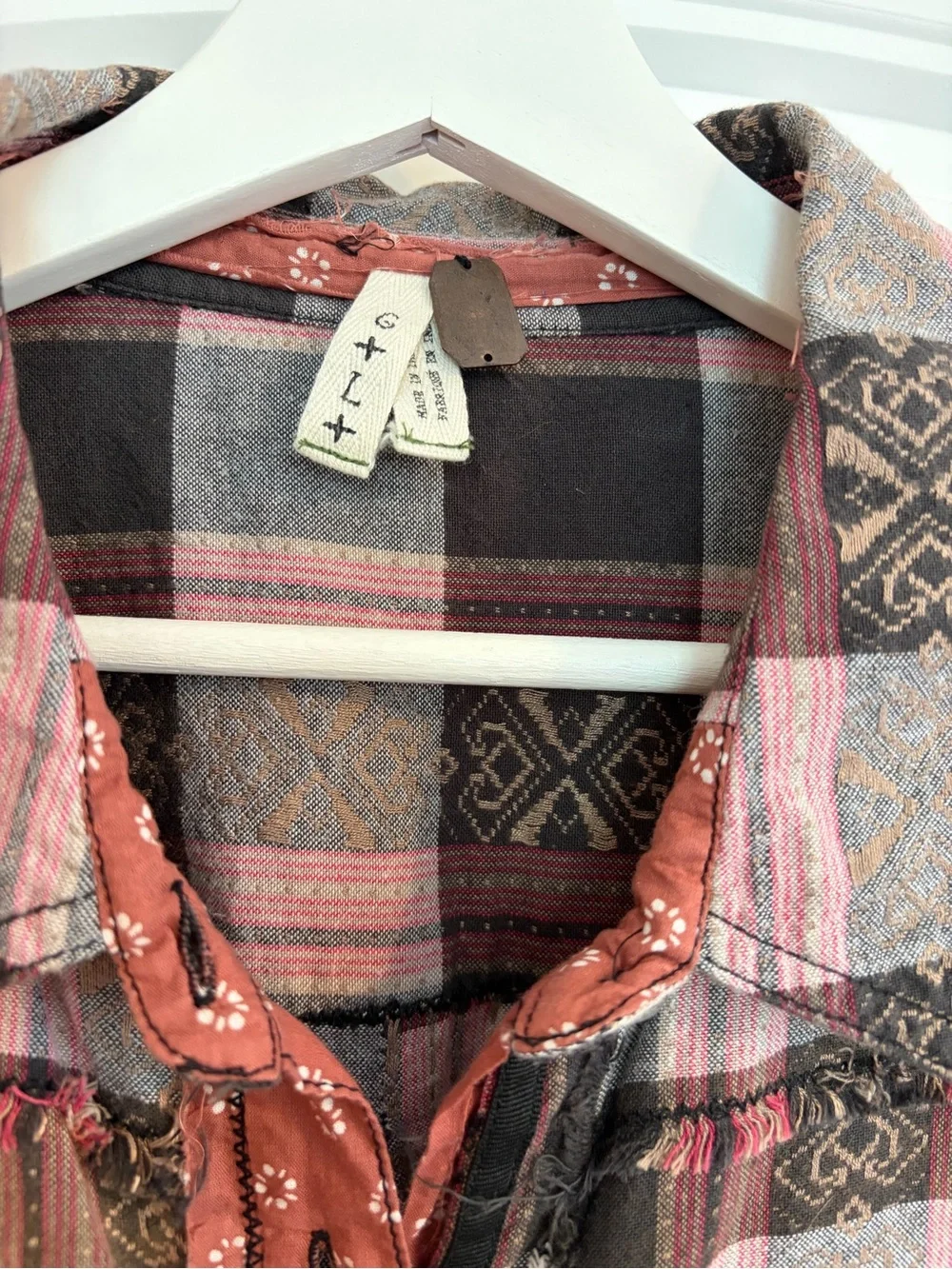 Free People Pink and Brown Plaid Button-Down Shirt